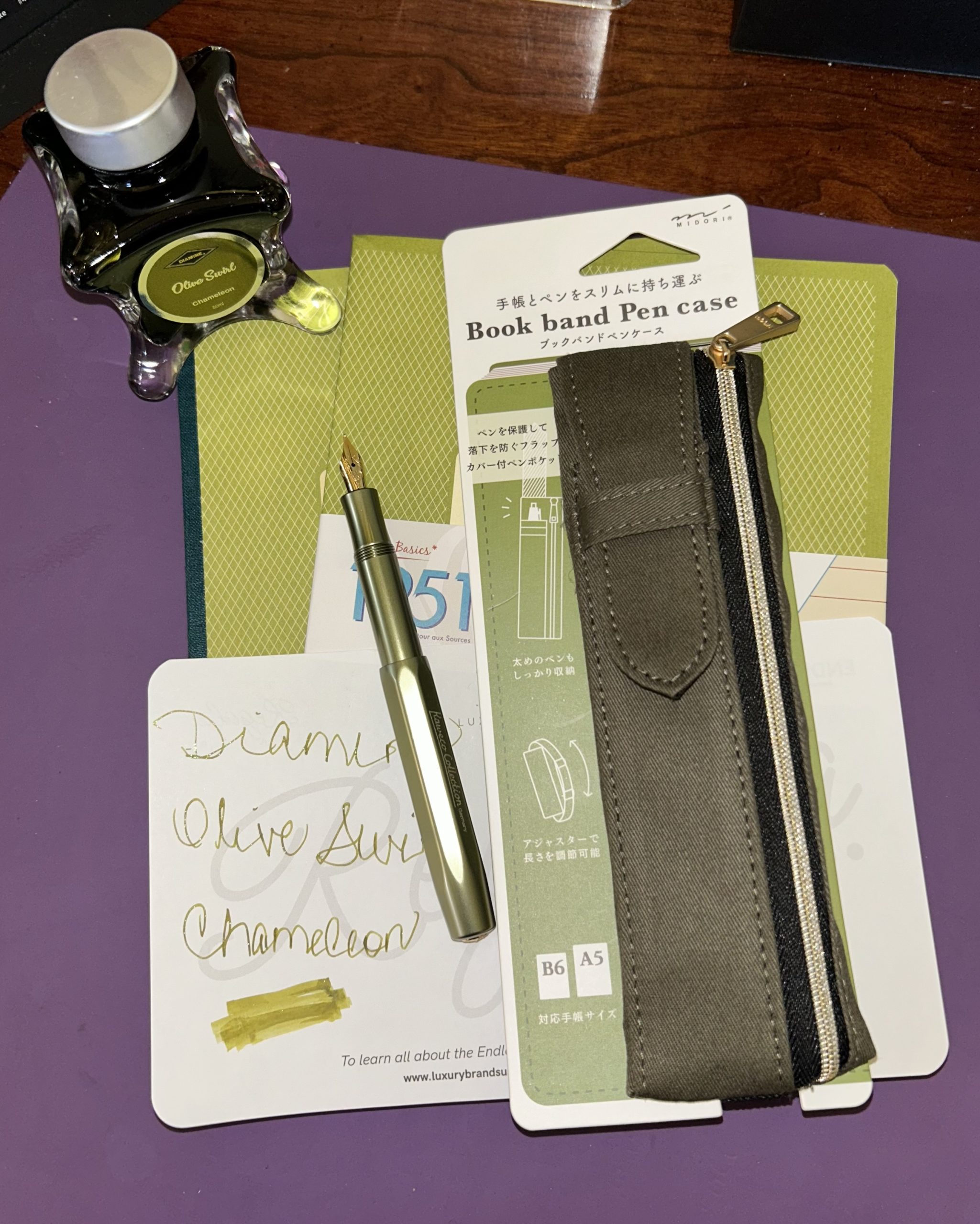 OLIVE PEN AND INK AND NOTEBOOKS AND CASE